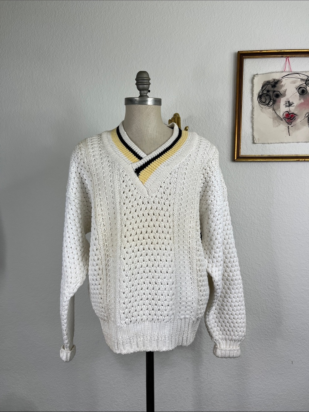 VTG Family Britches V Neck Collegiate Stipe Cable Knit Sweater Made in Ireland